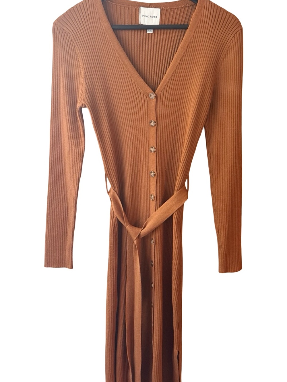Pink Rose Long-Sleeve Ribbed Button-Front Dress in Rust Brown
